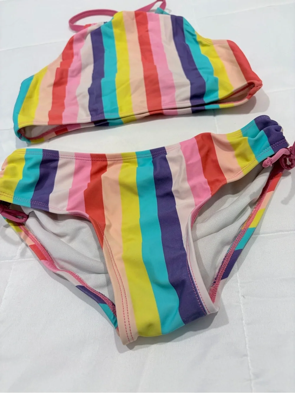 Kanu Surf Girls' Rainbow Stripe High-Neck Bikini - Pink, Yellow, Blue, Purple